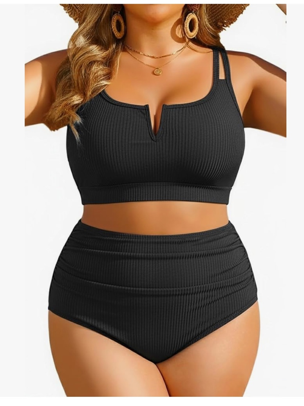 Ribbed V-Notch High-Waist Bikini Set - Black